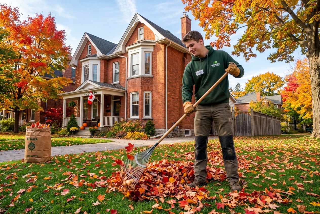 Fall leaf raking and winter lawn prep service in Blossom Park, Ottawa