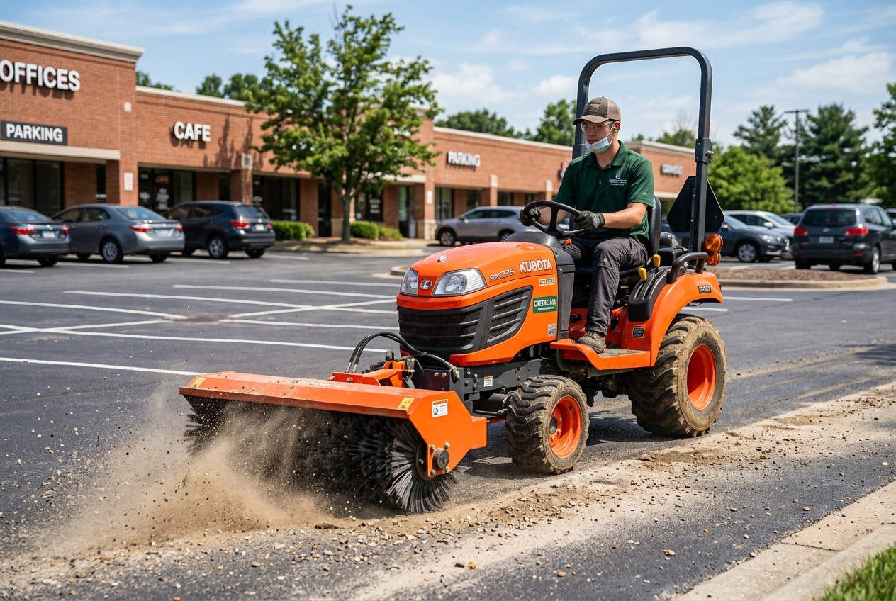 Student team operating Kubota sweeper attachment to clear gravel and leaves from commercial parking lot in Ottawa