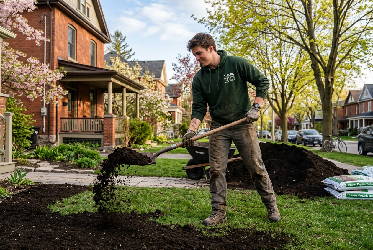 Student team topsoiling a lawn and spreading premium organic loam in Ottawa